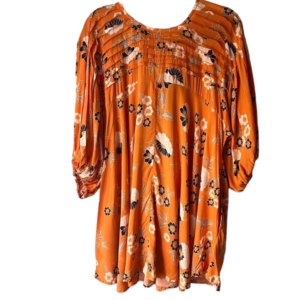 Free People Edie Oversized Orange Floral Open Back Hi Lo Boho Tunic Blouse XS - Picture 3 of 7